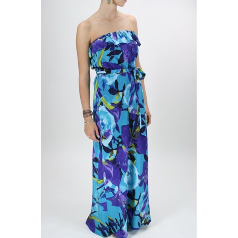 Strapless Blue & Purple Floral Maxi Dress - Brand